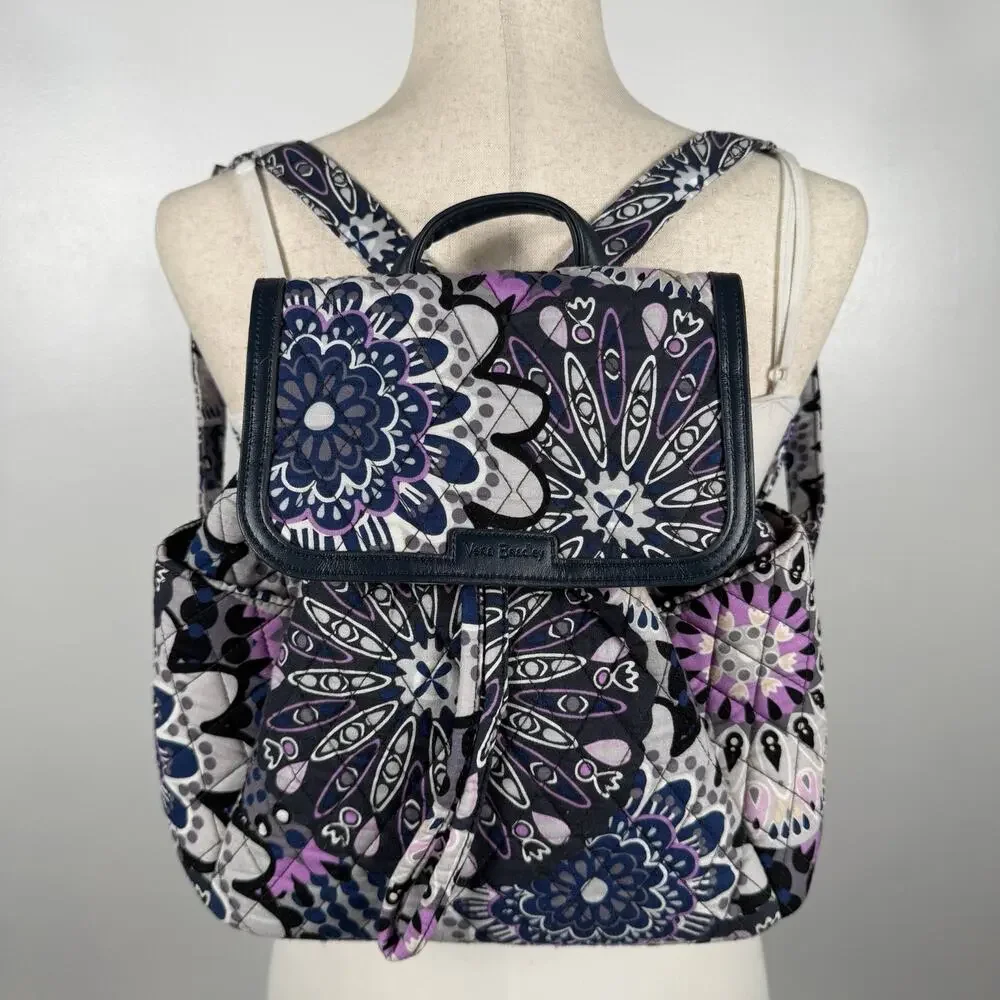 Vera Bradley Small Quilted Backpack Purple Navy Floral Drawstring Flap Bag Boho